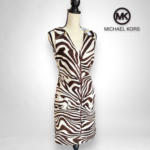 NWT Michael Kors Women’s Sleeveless Brown & Cream Zebra Print Zip Dress - Picture 10 of 17